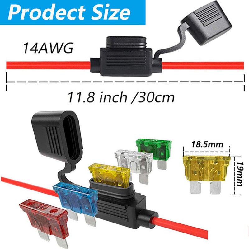 Elefama 14 Gauge Inline Fuse Holder 12V-DC ATC/ATO 12Pcs Blade Fuse Holders kit with 60 Pcs Standard Car Fuses 14 AWG Wiring Harness Waterproof Pigtail for Fuses 2A 3A 5A 7.5 A 10A 15A 20A 30A - Image 4